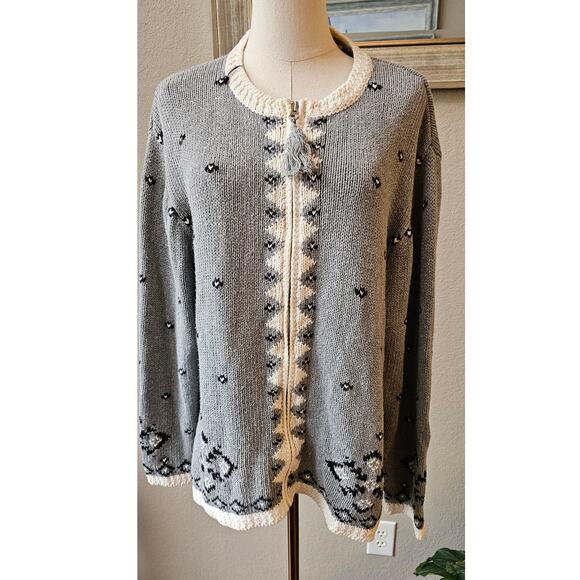 VTG‎ Northern Reflections Women Zip Up Nordic Print Cardigan Sweater Size L Gray - Picture 1 of 6
